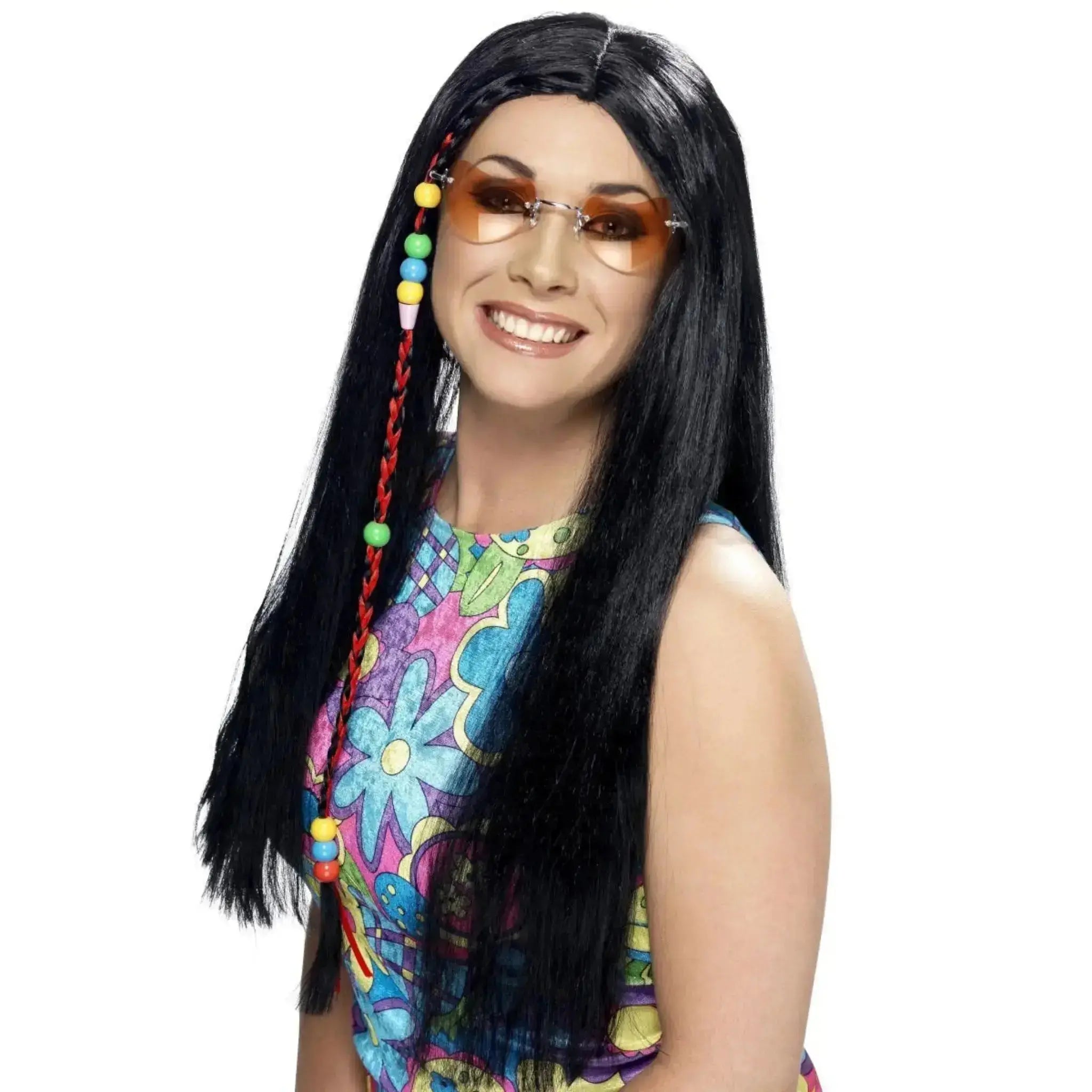Hippy Party Wig, Long with Coloured Beads | The Party Hut