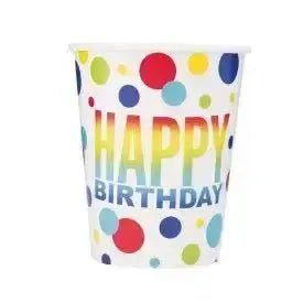 Rainbow Spots Birthday 9oz Paper Cups, 8ct | The Party Hut