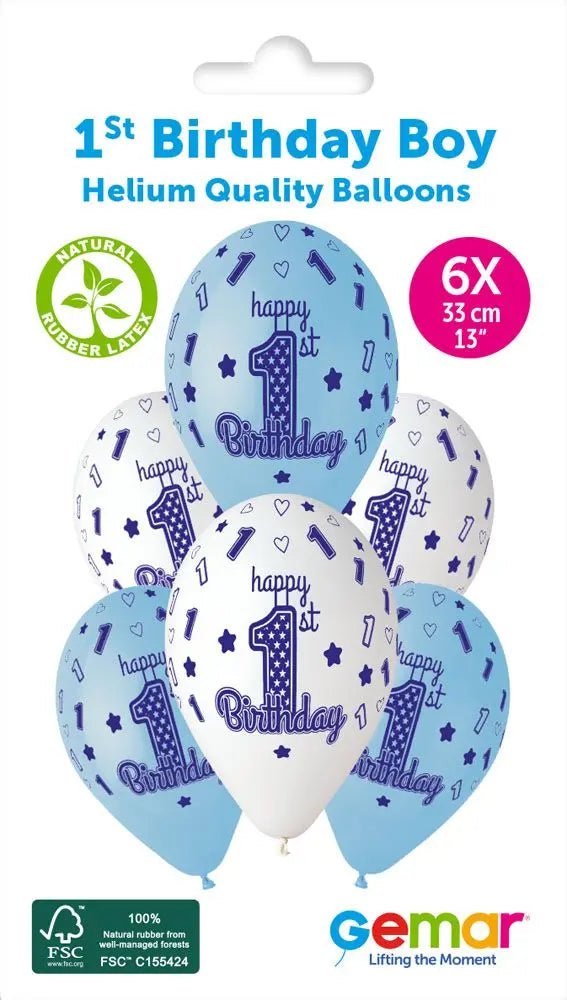 13" 1st Birthday Boy Balloons, Pack of 6 | The Party Hut