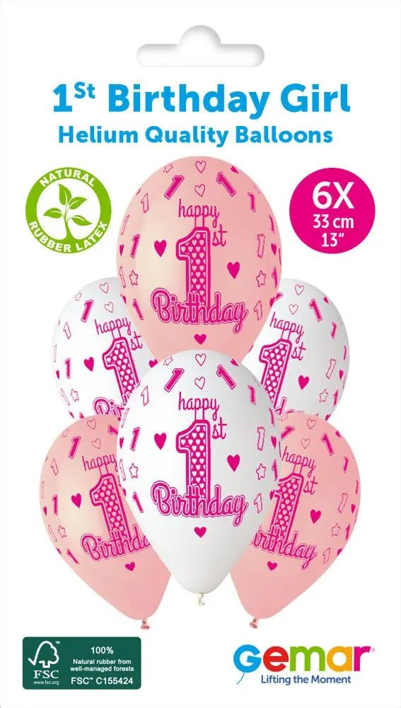 13" 1st Birthday Girl Balloons, Pack of 6 | The Party Hut