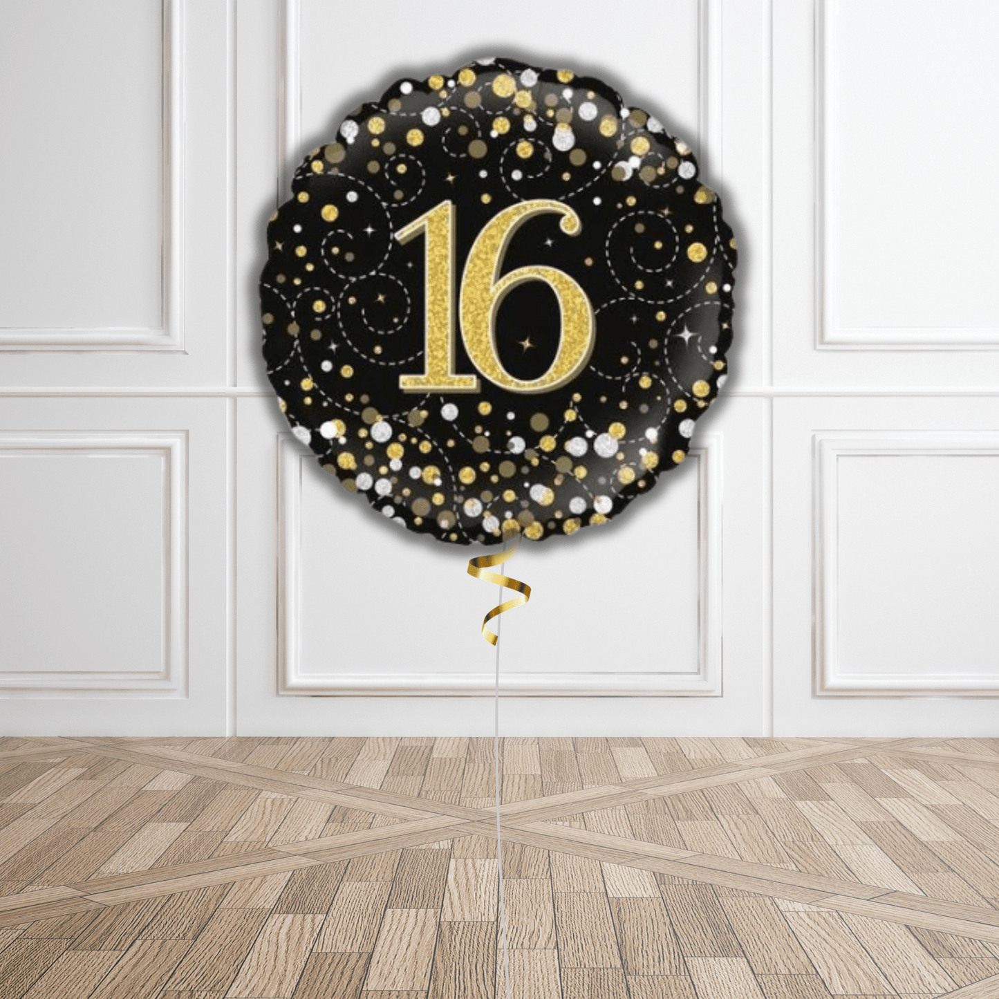 18 - Inch 16th Sparkling Fizz Birthday Black & Gold Holographic Balloon | The Party Hut