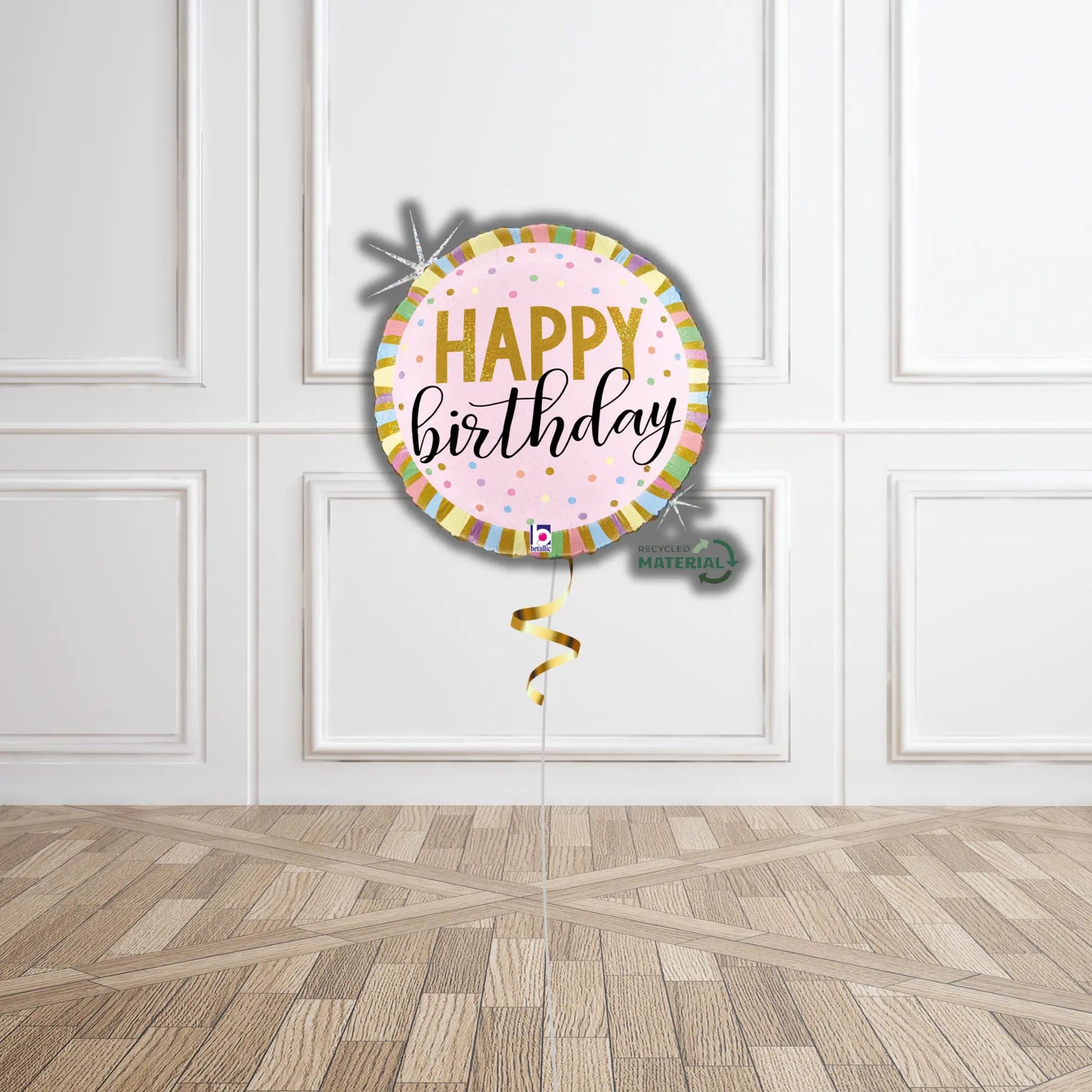 18-Inch Pastel Birthday Stripes Helium Balloon – Elegant Gold Accent Party Decoration