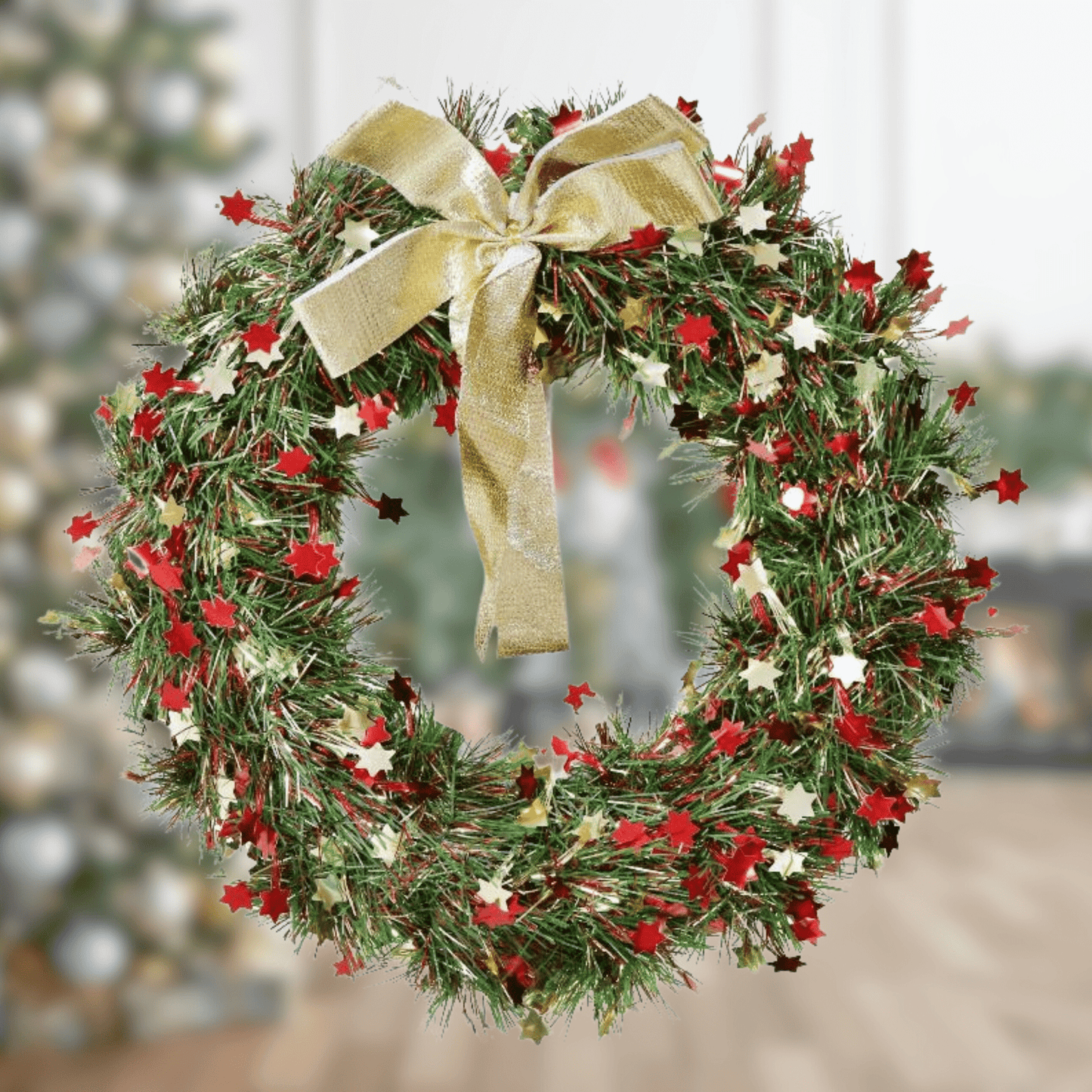 25cm Tinsel Wreath with Stars and Bow | The Party Hut