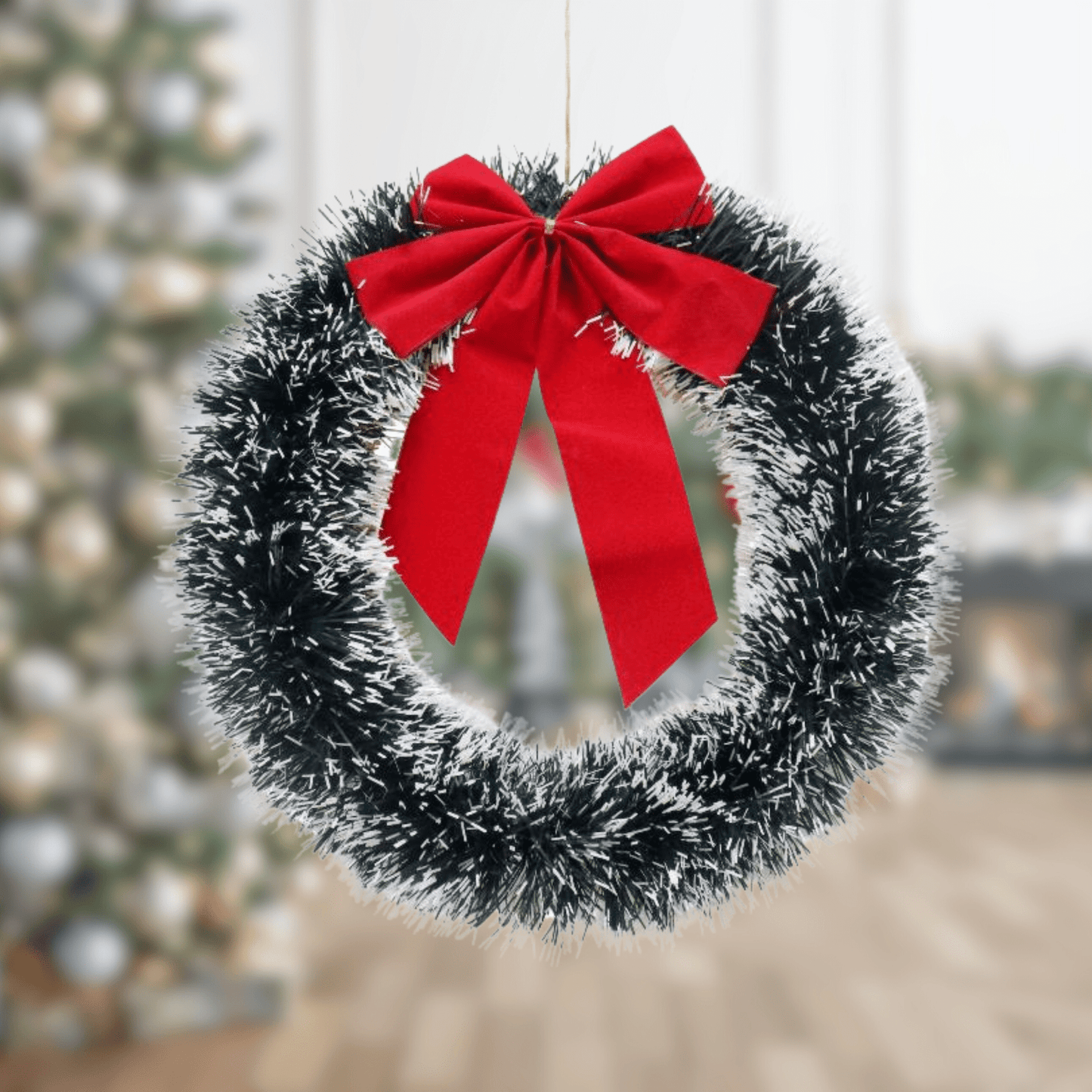 33cm Snow Tinsel Wreath with Bow | The Party Hut