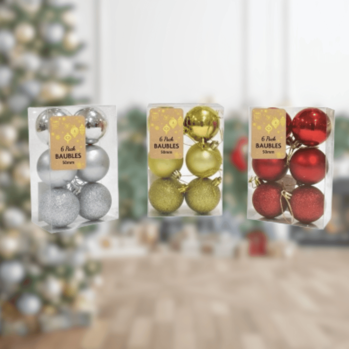 60mm Christmas Baubles – Silver, Red, or Gold (6 Pack) | The Party Hut