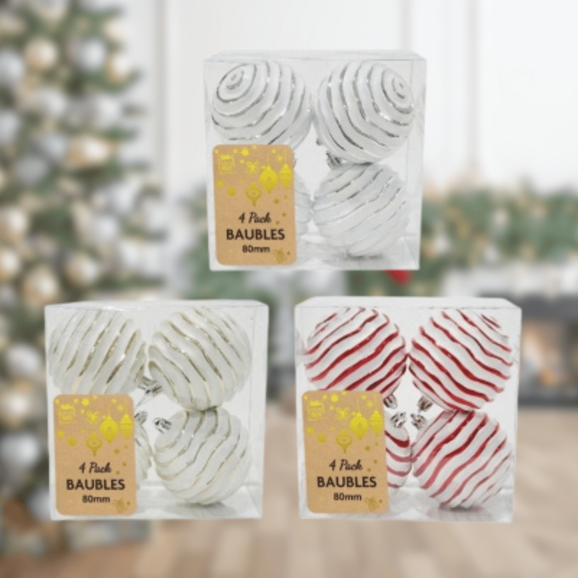 60mm White Christmas Baubles with Silver, Gold, or Red Swirls (4 Pack)