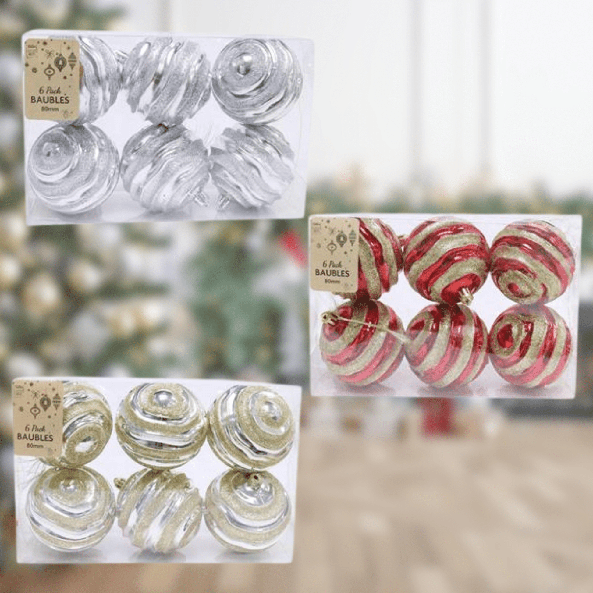 80mm Glitter Swirl Baubles – Silver, Red, or Gold (6 Pack)