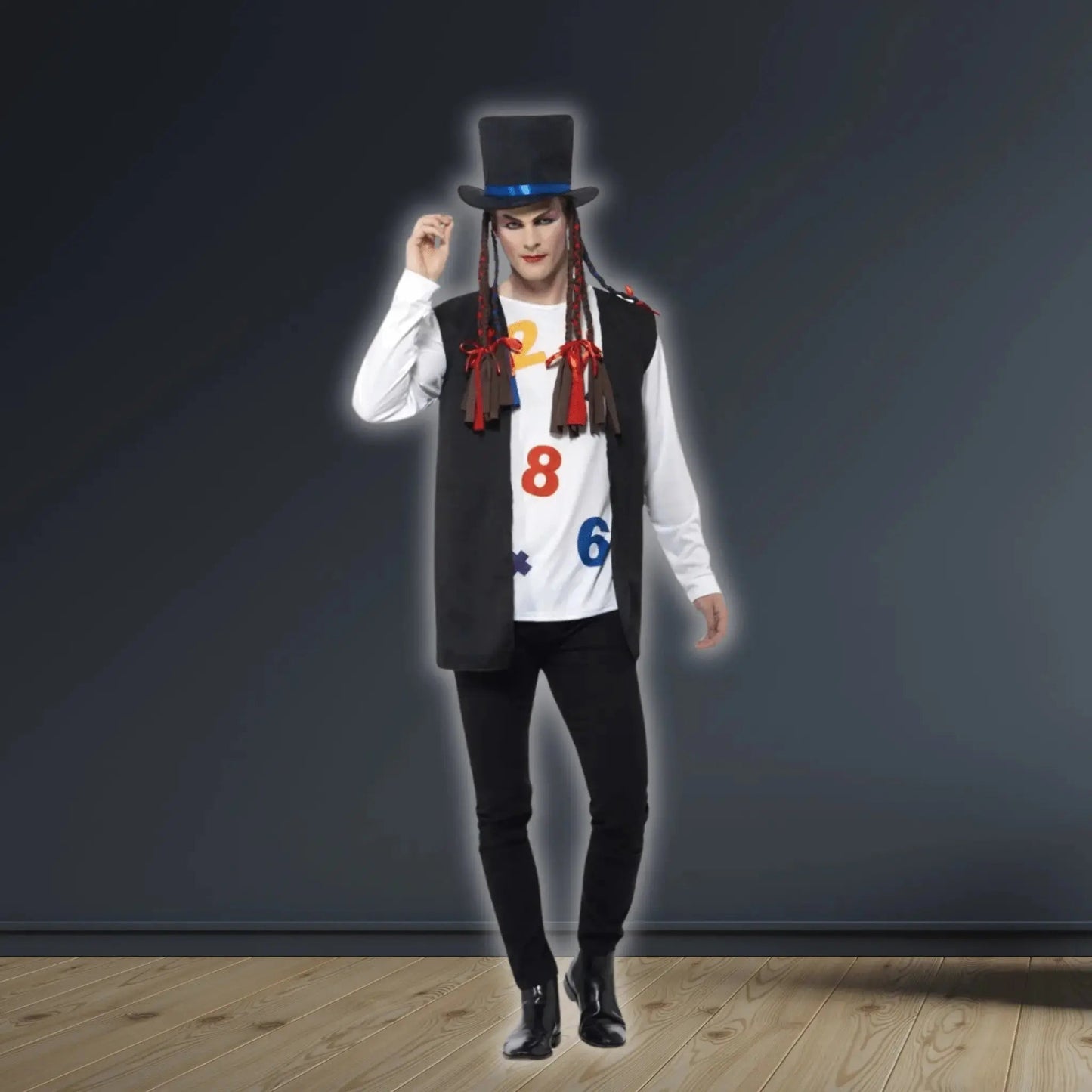 80s Pop Star Costume, Multi - Coloured, with Top, Waistcoat, Hat & Braids | The Party Hut