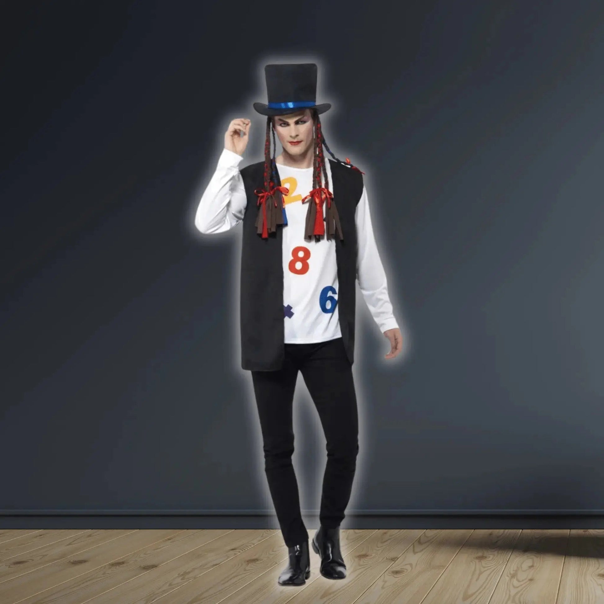 80s Pop Star Costume, Multi-Coloured, with Top, Waistcoat, Hat & Braids