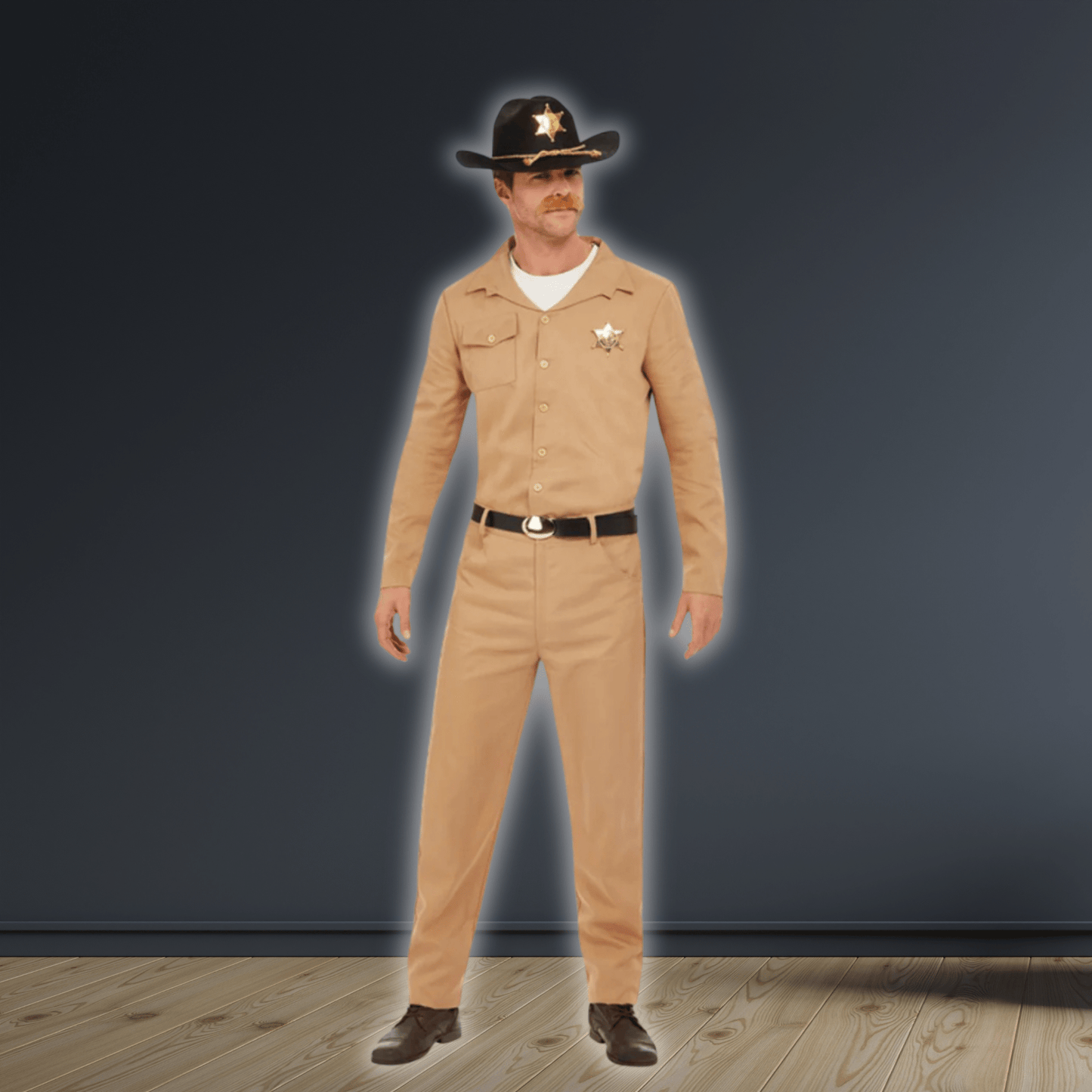 80s Sheriff Costume, Beige, with Shirt, Trousers, Belt & Badge | The Party Hut