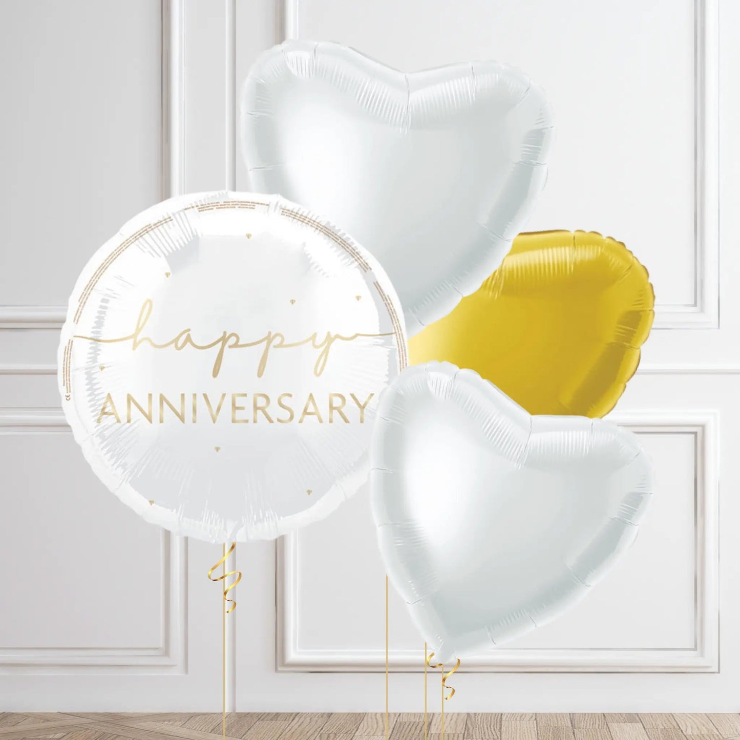 Anniversary Balloon Bouquet - White & Gold Hearts | The Party Hut