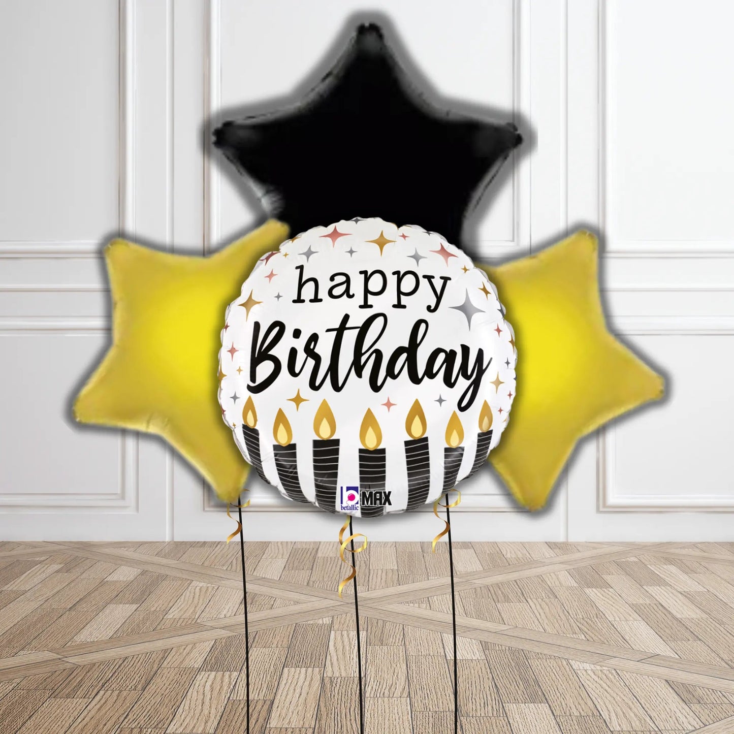 Black & Gold Candle Birthday Balloon Bouquet | The Party Hut