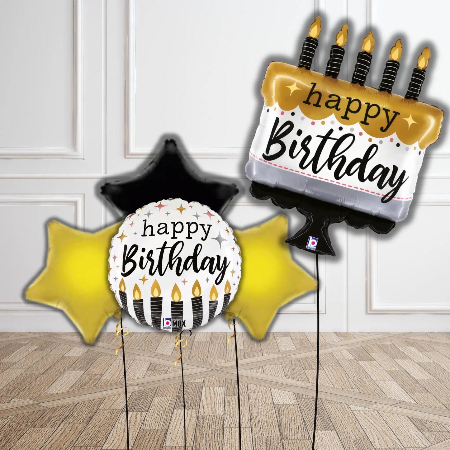 Black & Gold Candle Birthday Balloon Bouquet | The Party Hut