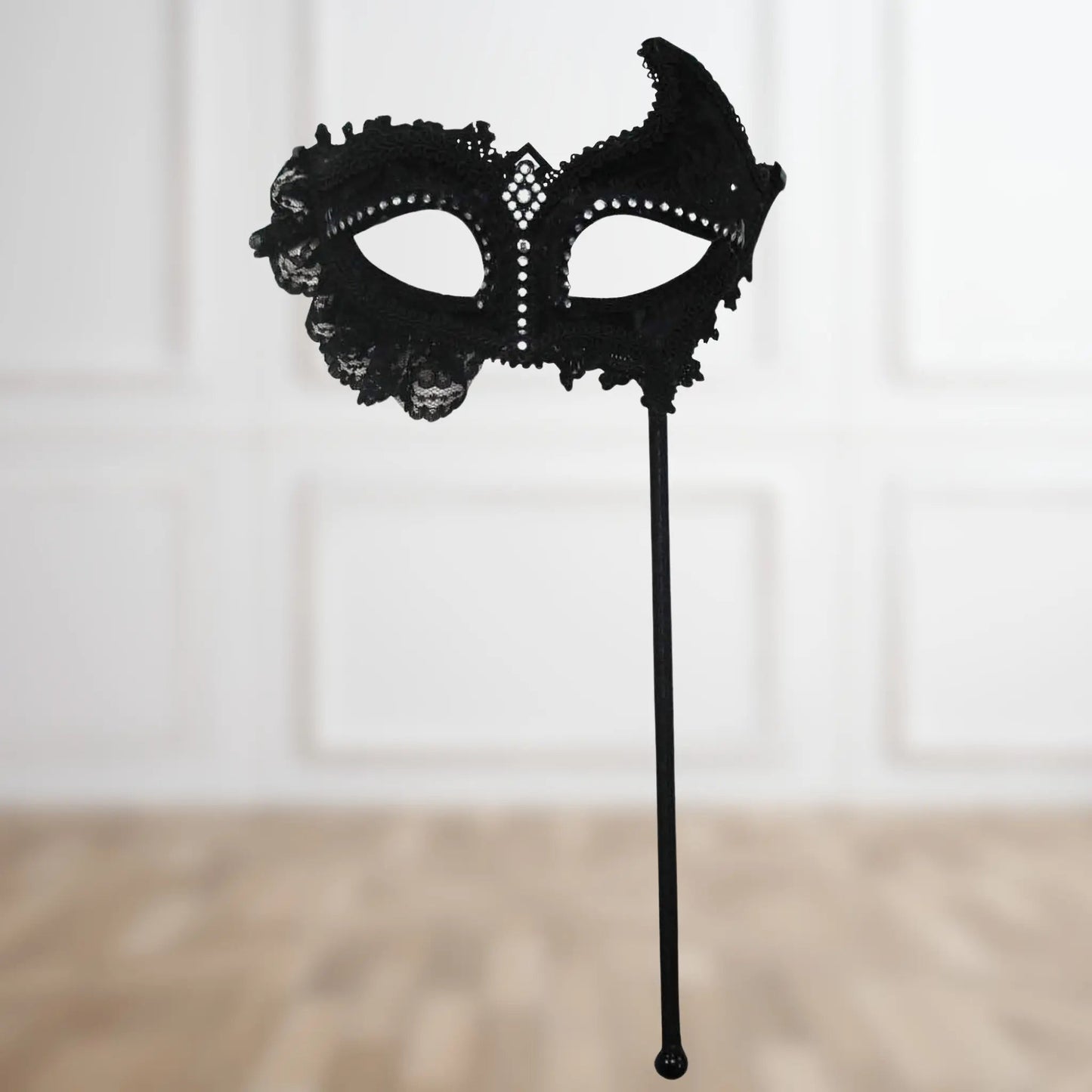 Black Lace Masquerade Mask on Stick – Elegant Party Accessory | The Party Hut