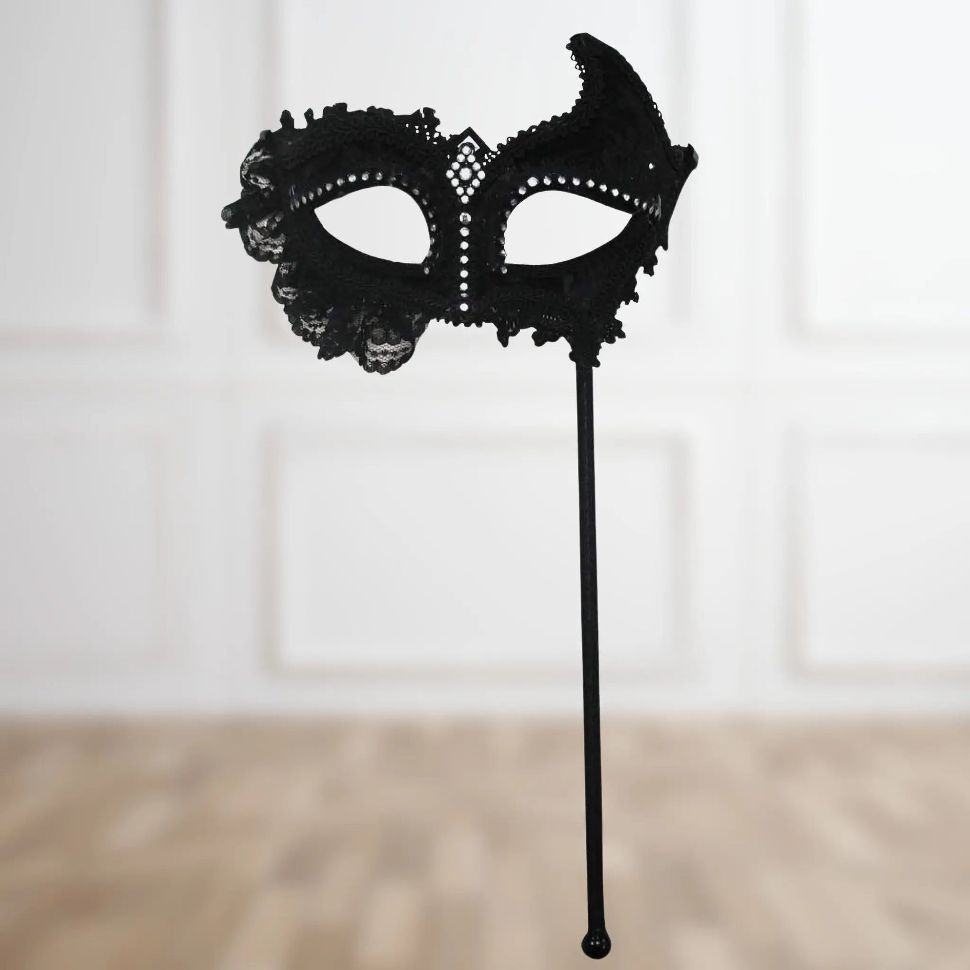 Black Lace Masquerade Mask on Stick – Elegant Party Accessory