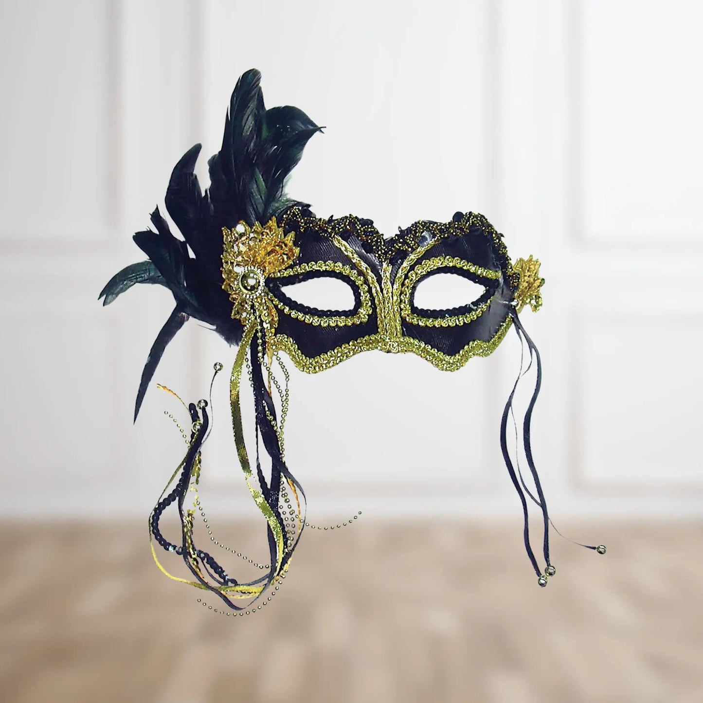 Black Metallic Side Feather Mask – Elegant Masquerade Accessory | The Party Hut