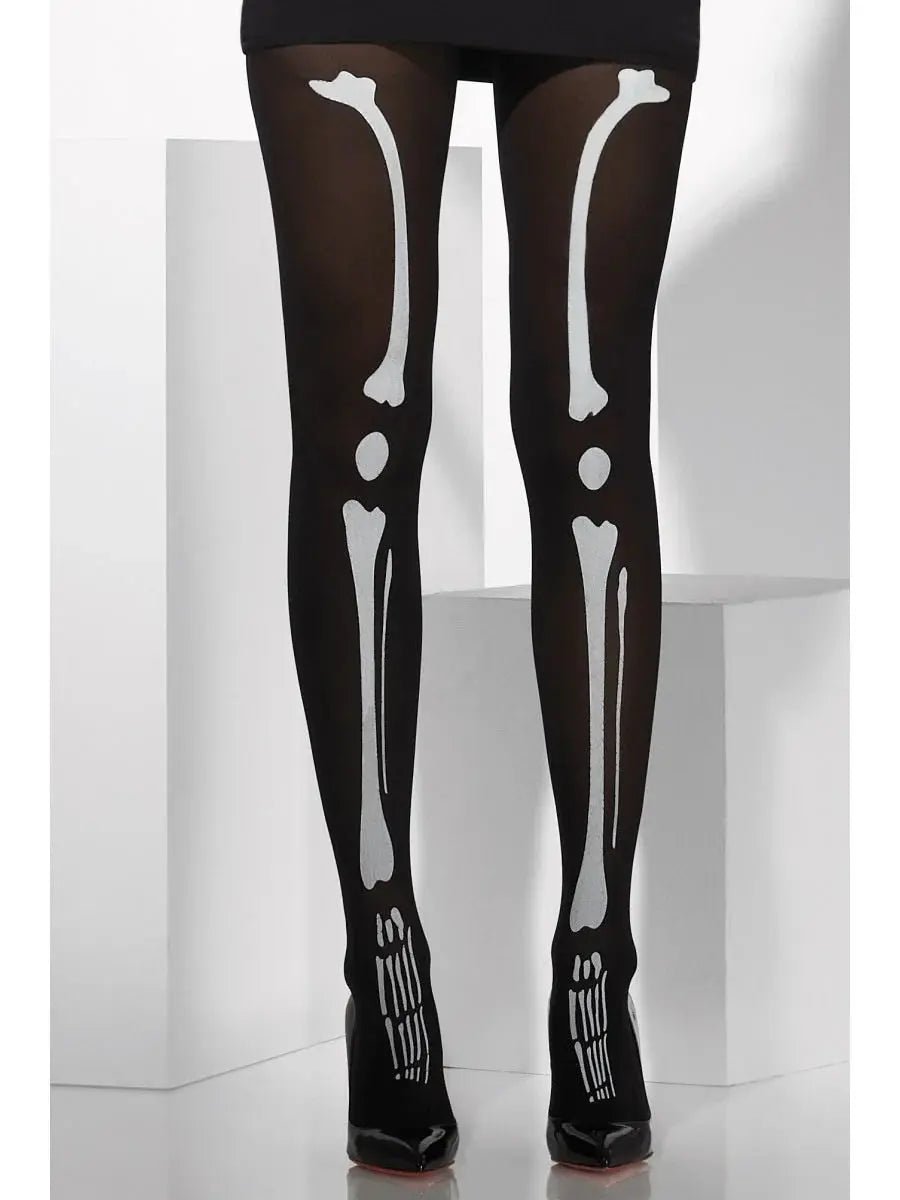 Black Opaque Tights with Skeleton Print | The Party Hut