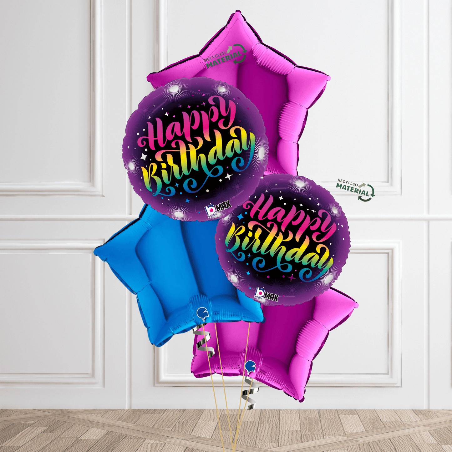 Bright & Festive "Happy Birthday" Balloon Bouquet – Rainbow Gradient with Purple & Blue Accents | The Party Hut