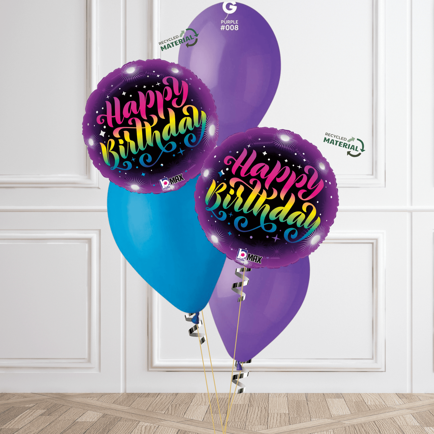 Bright & Festive "Happy Birthday" Balloon Bouquet – Rainbow Gradient with Purple & Blue Accents | The Party Hut