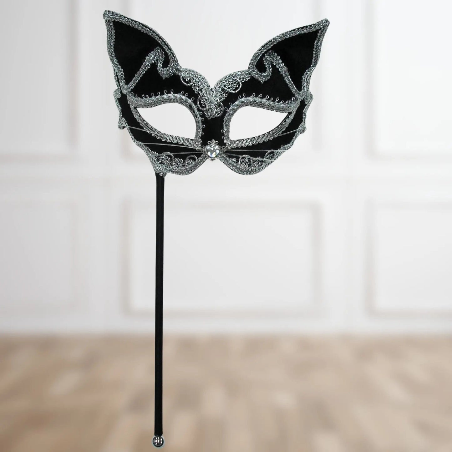 Cat Mask on Stick – Elegant Masquerade Accessory | The Party Hut