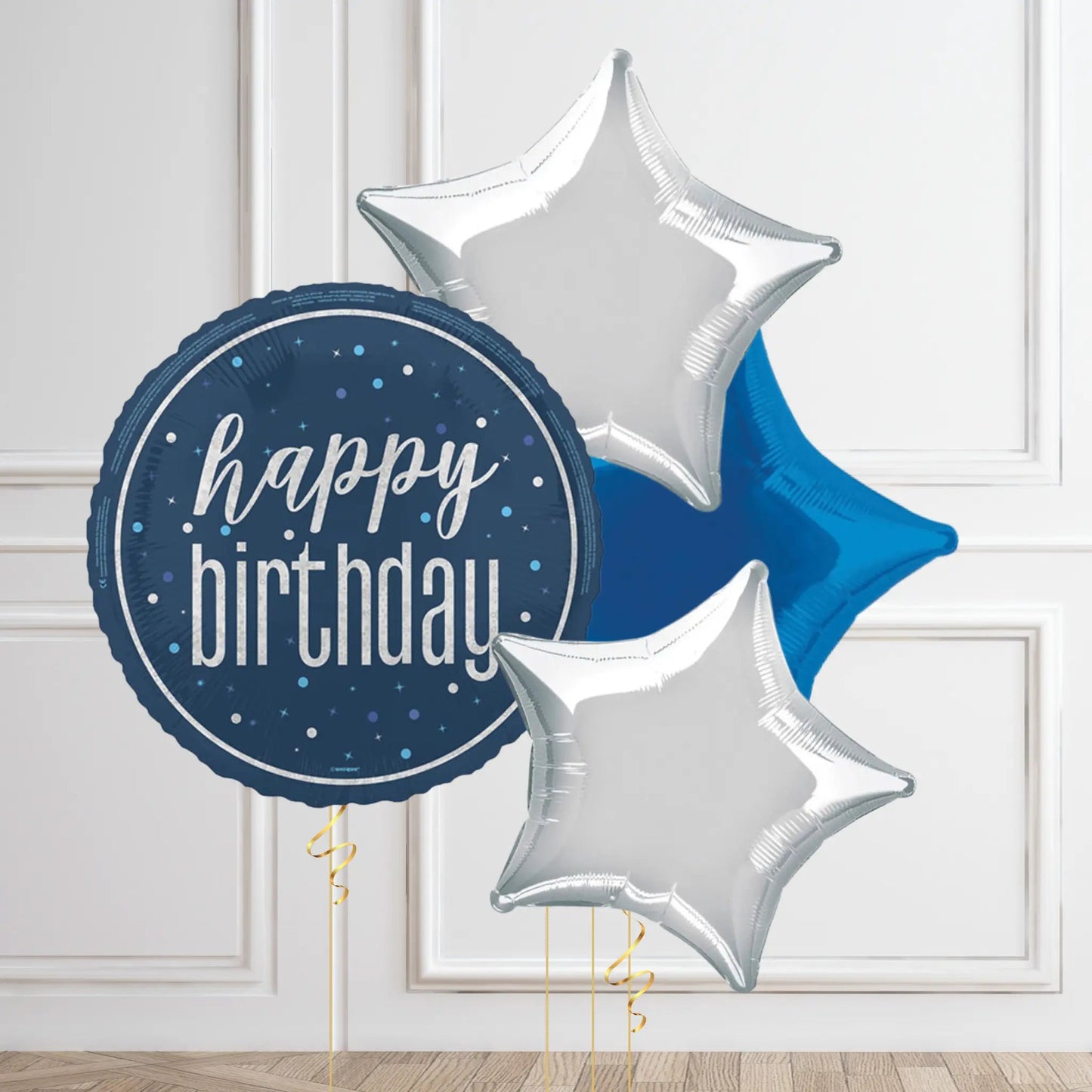 Classic Happy Birthday Balloon Bouquet - Blue & Silver Stars | The Party Hut