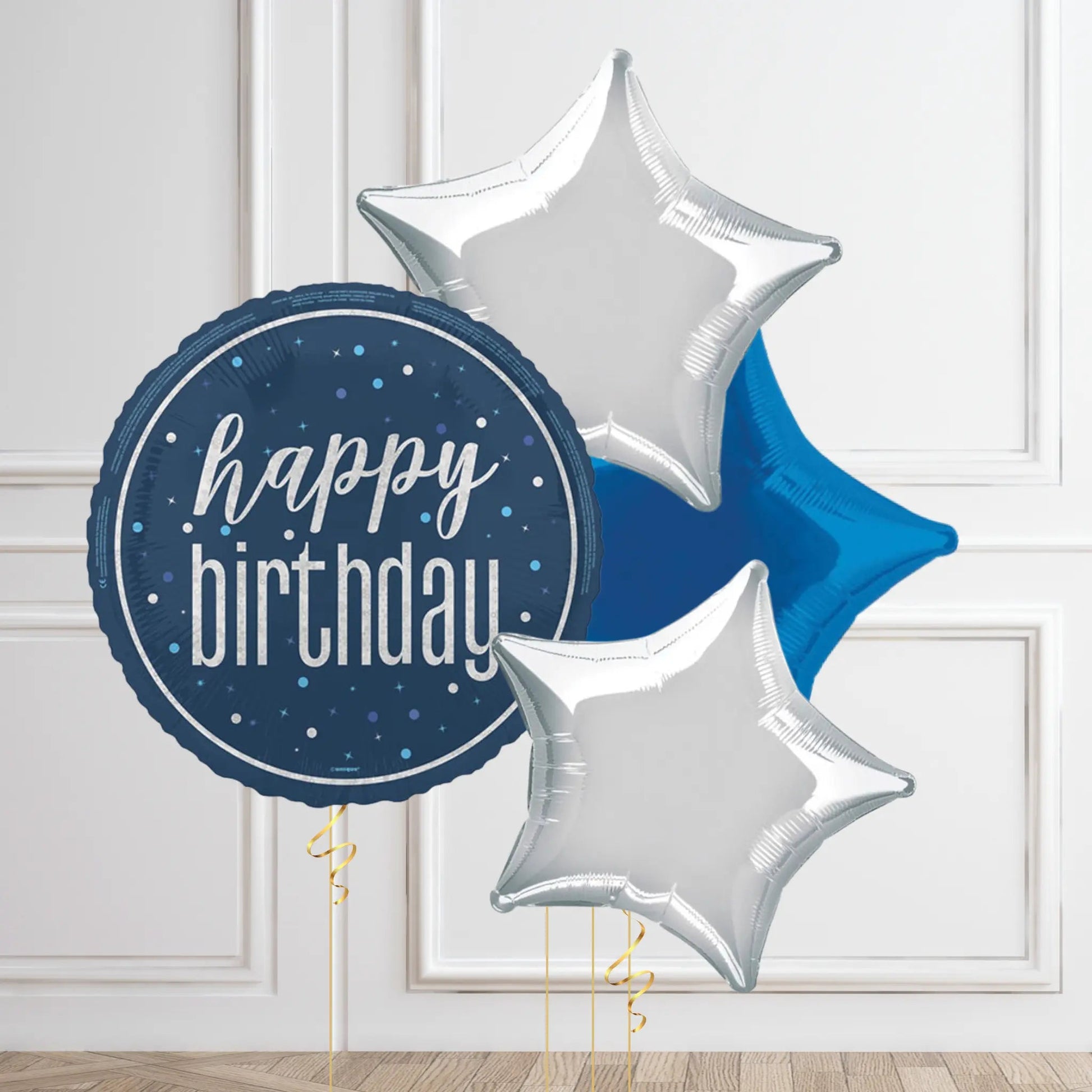 Classic Happy Birthday Balloon Bouquet - Blue & Silver Stars