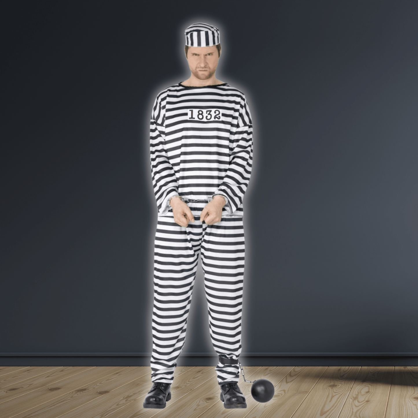 Convict Costume, Black & White, with Shirt, Trousers & Hat | The Party Hut