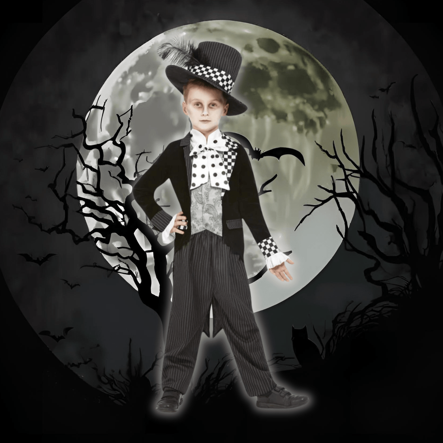 Dark Mad Hatter Costume (Black & White) - Kids | The Party Hut