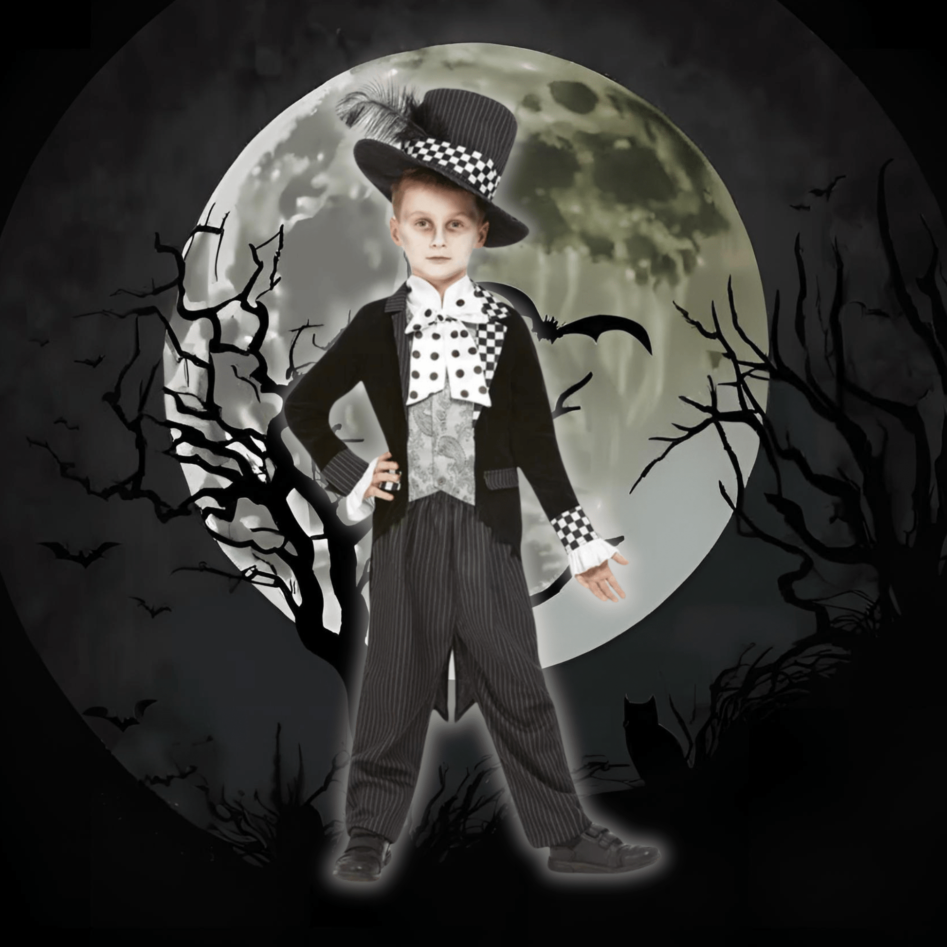 Dark Mad Hatter Costume (Black & White) - Kids