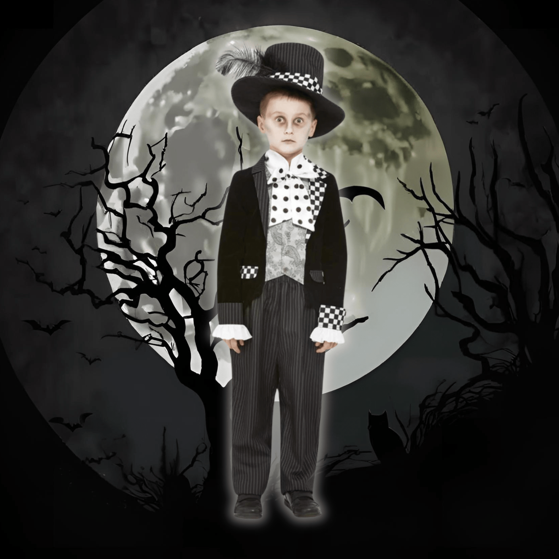 Dark Mad Hatter Costume (Black & White) - Kids