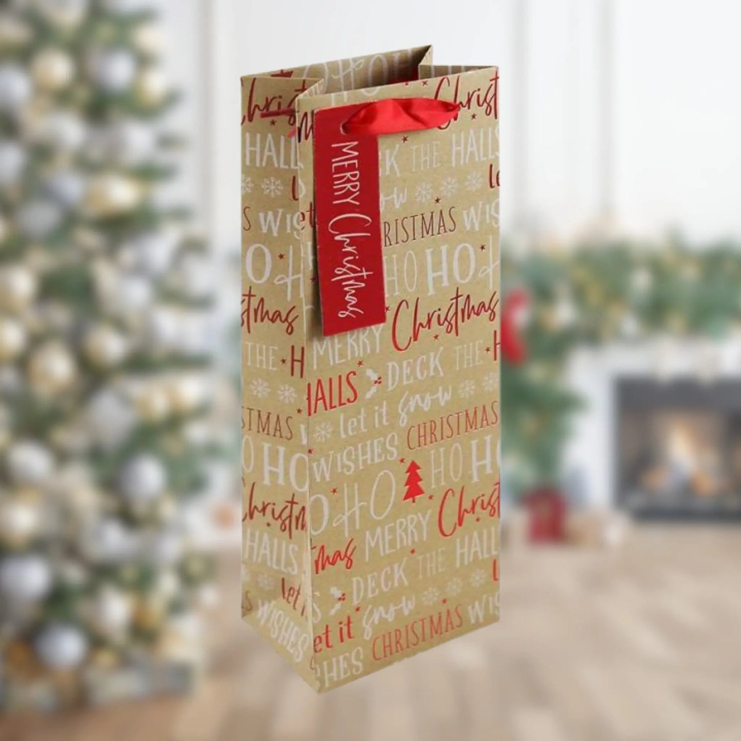 'Deck the Halls' Kraft Text Bottle Bag | The Party Hut