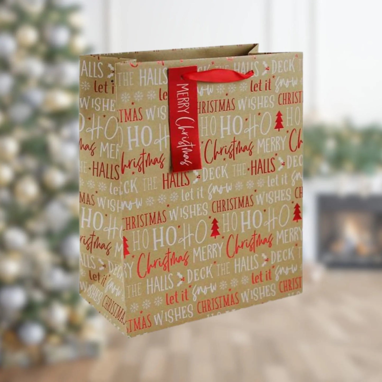 'Deck the Halls' Kraft Text Large Gift Bag | The Party Hut