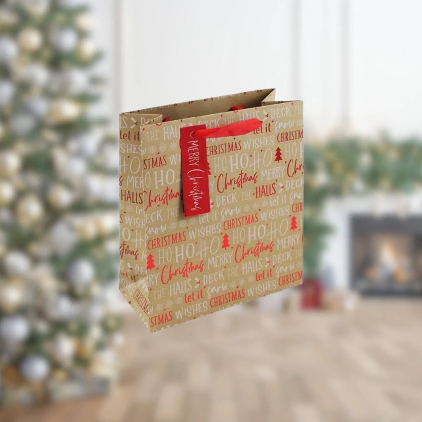 'Deck the Halls' Kraft Text Medium Gift Bag | The Party Hut