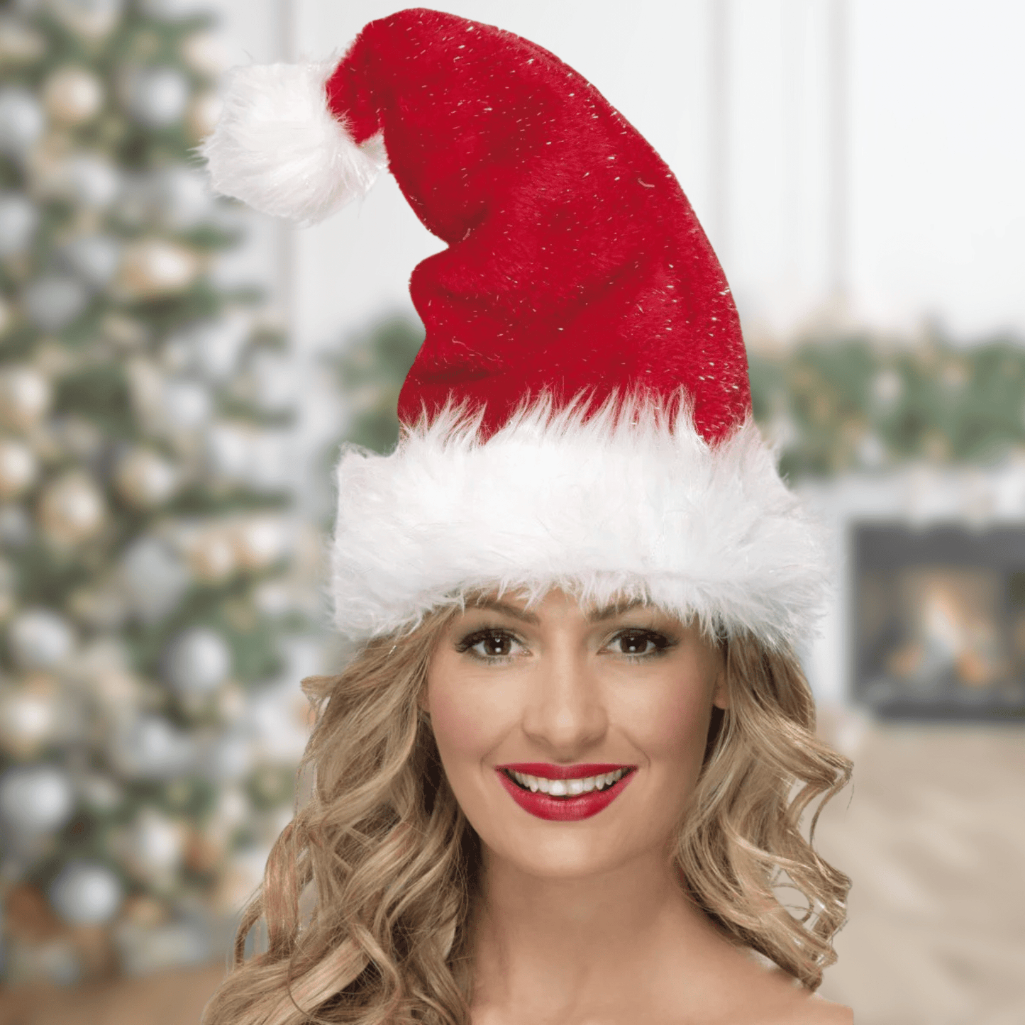 Deluxe Santa Hat with Tinsel – Festive Red Hat for Christmas Costumes | The Party Hut