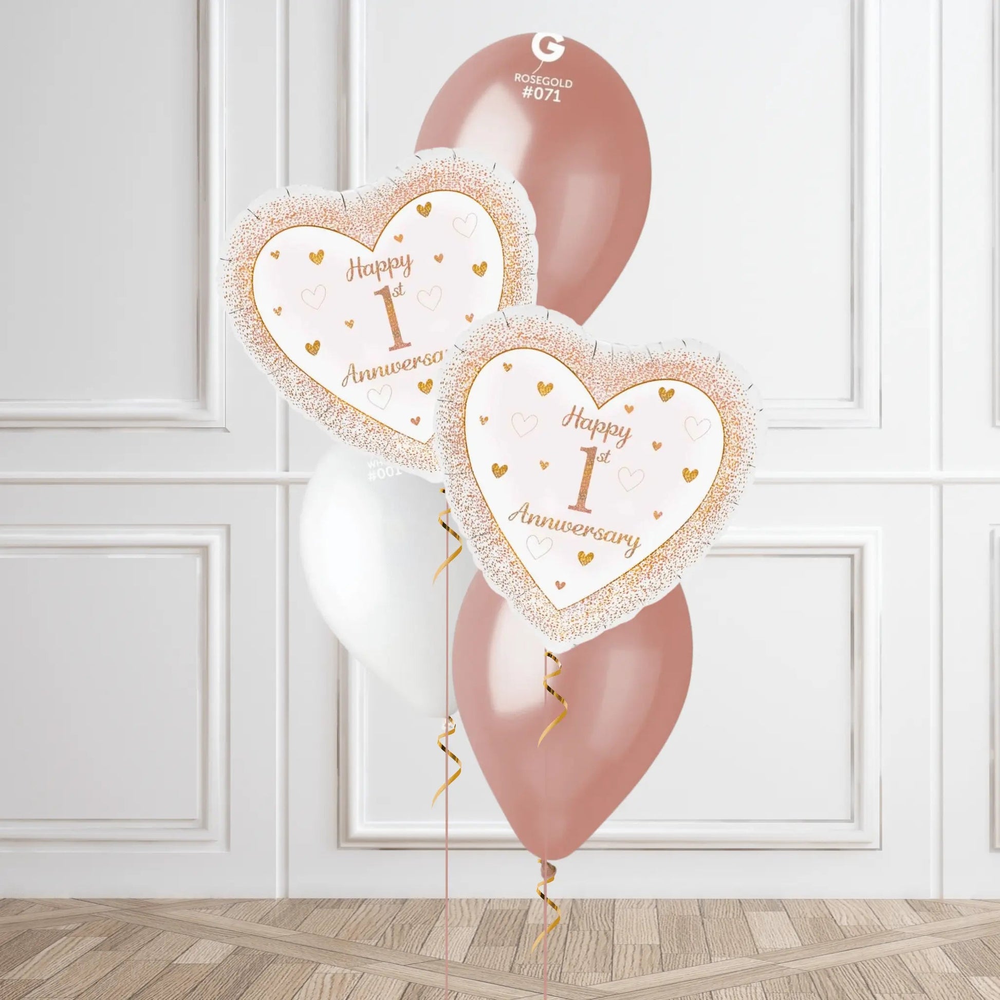 Elegant 1st Anniversary Helium Balloon Bouquet – Rose Gold & White Design