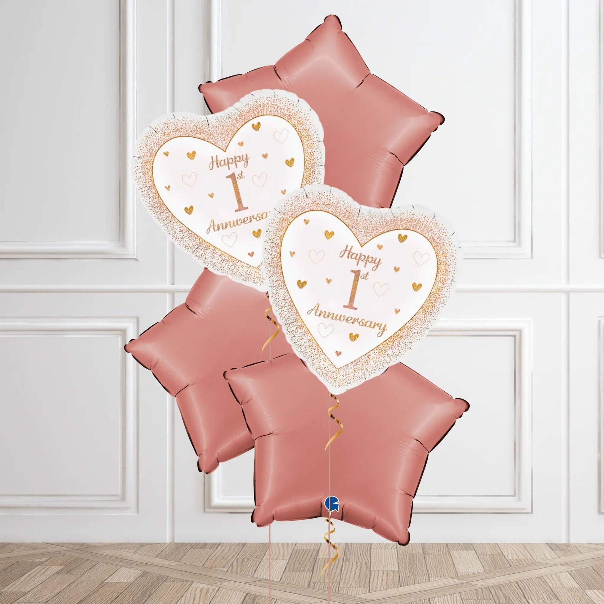 Elegant 1st Anniversary Helium Balloon Bouquet – Rose Gold & White Design