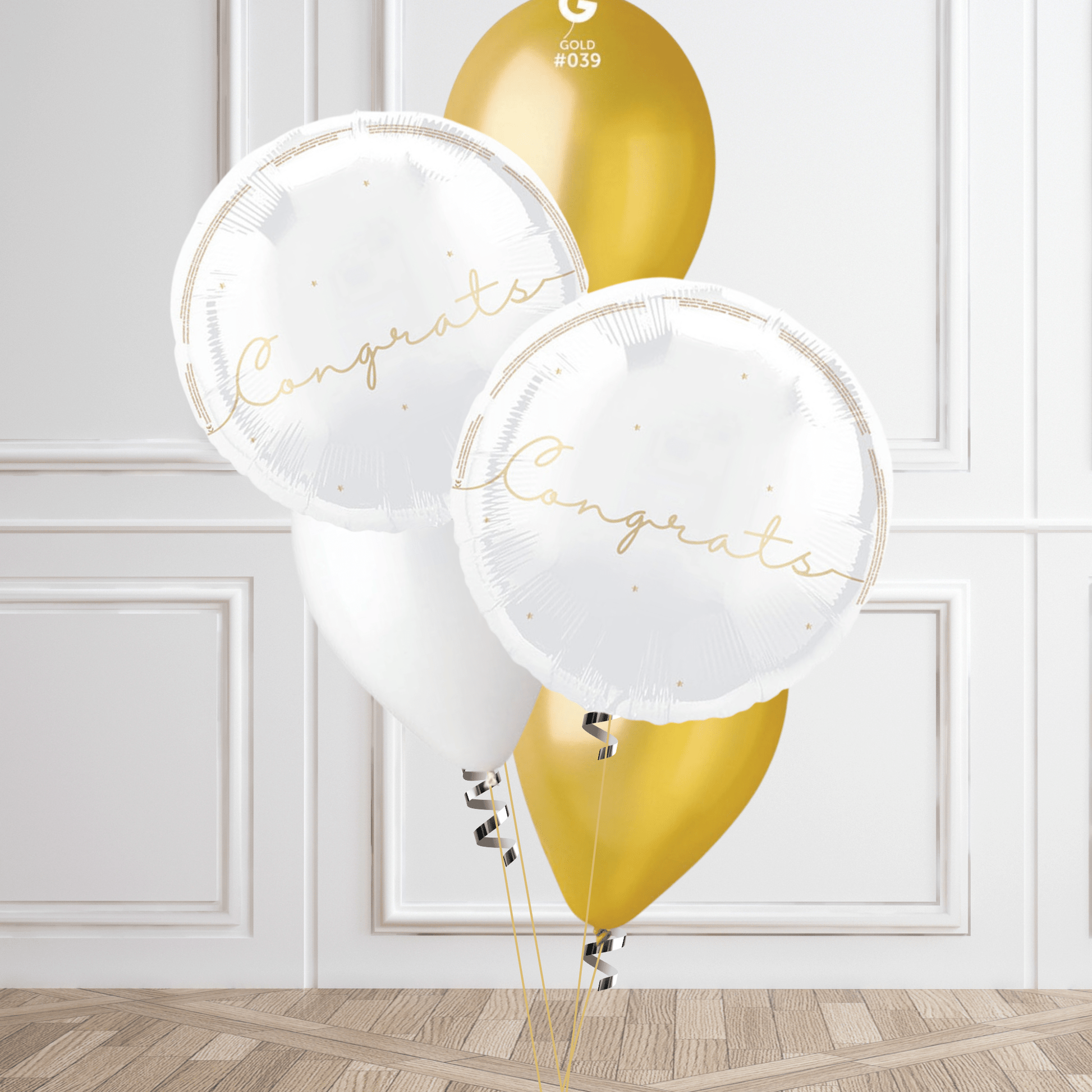 Elegant "Congrats" Balloon Bouquet – Gold & White Celebration Set