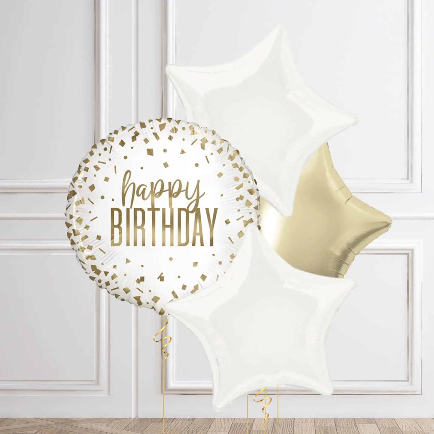 Elegant Happy Birthday Balloon Bouquet - Gold & White | The Party Hut