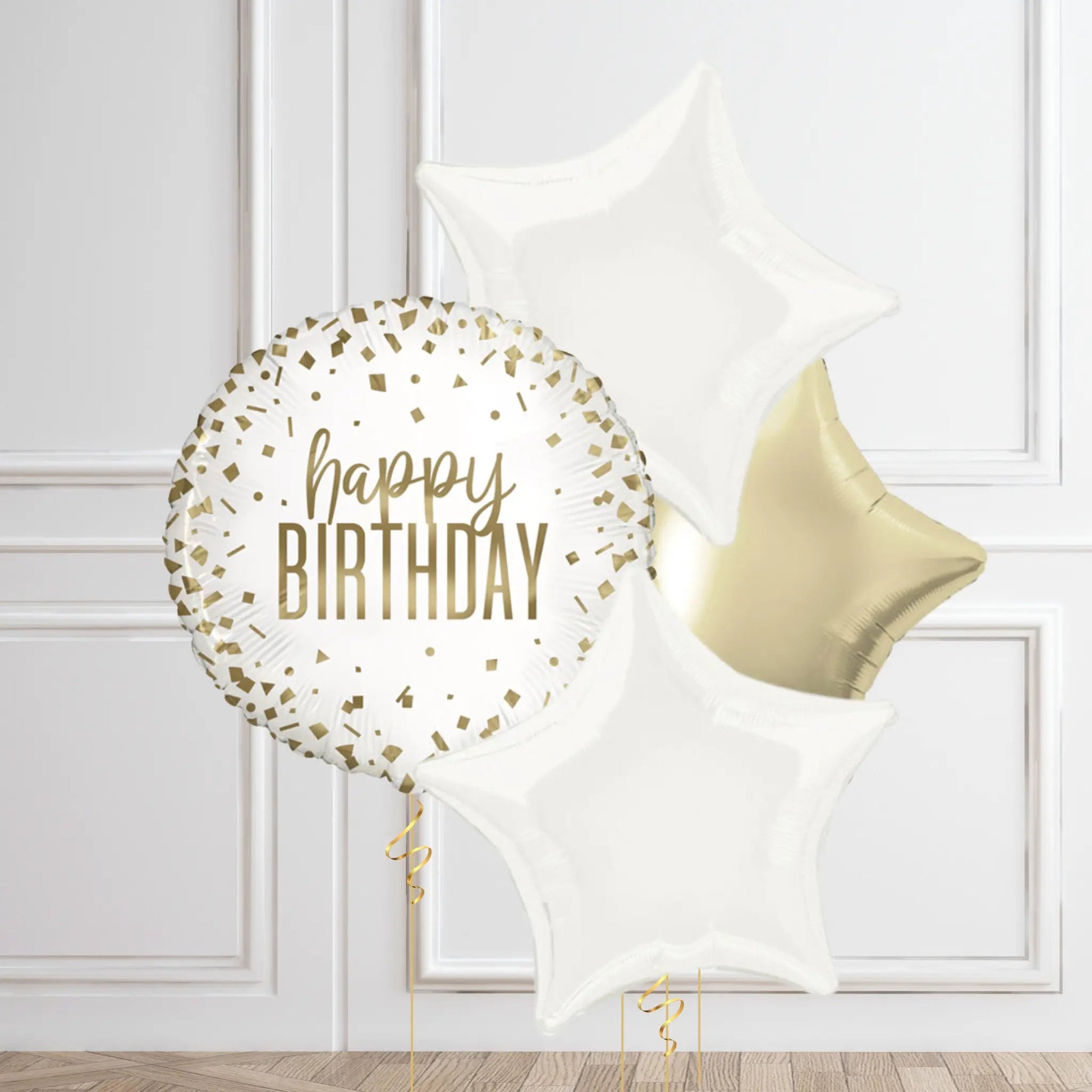 Elegant Happy Birthday Balloon Bouquet - Gold & White