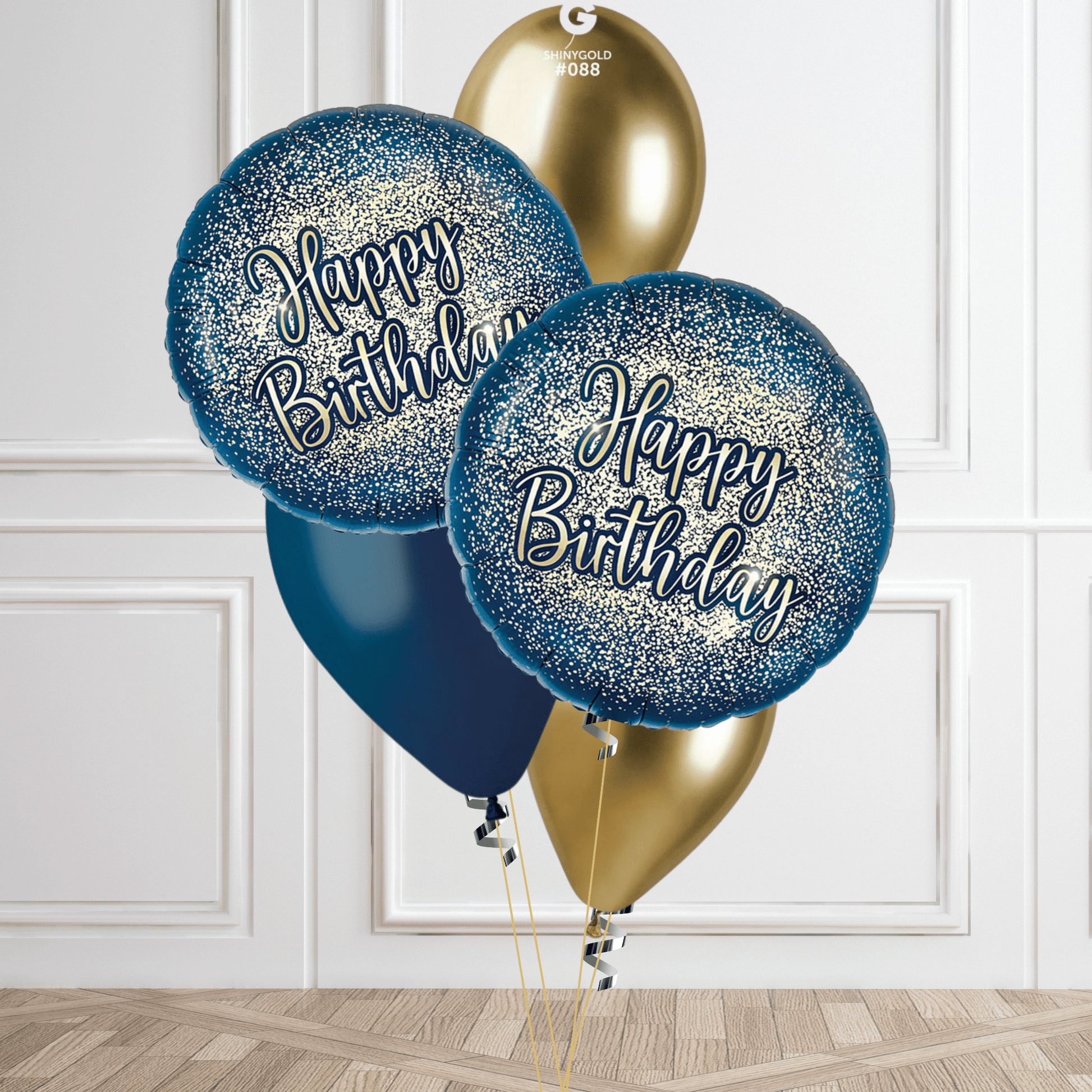 Elegant Navy and Gold Happy Birthday Balloon Bouquet