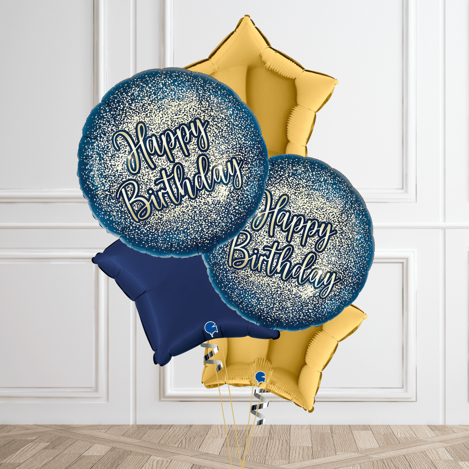 Elegant Navy and Gold Happy Birthday Balloon Bouquet