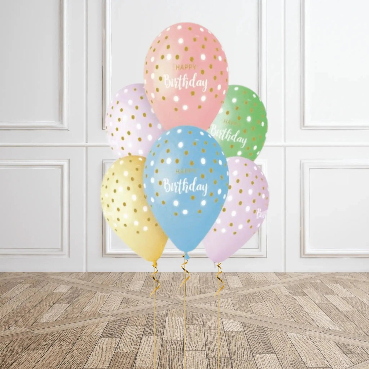 Happy Birthday Balloons with Golden Dots – Pack of 6 with Helium Option | The Party Hut