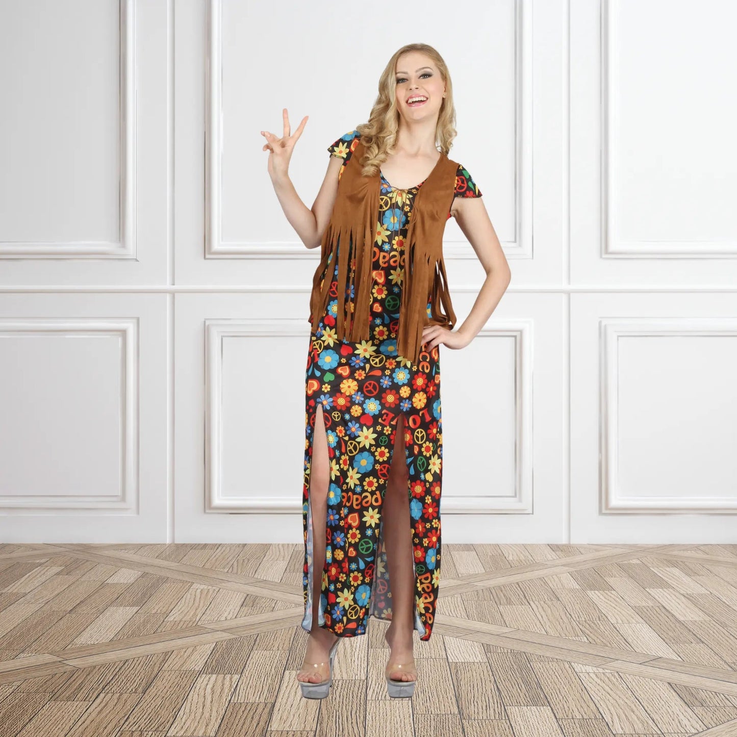 Hippy Long Dress with Waistcoat - Retro 1960s Costume | The Party Hut