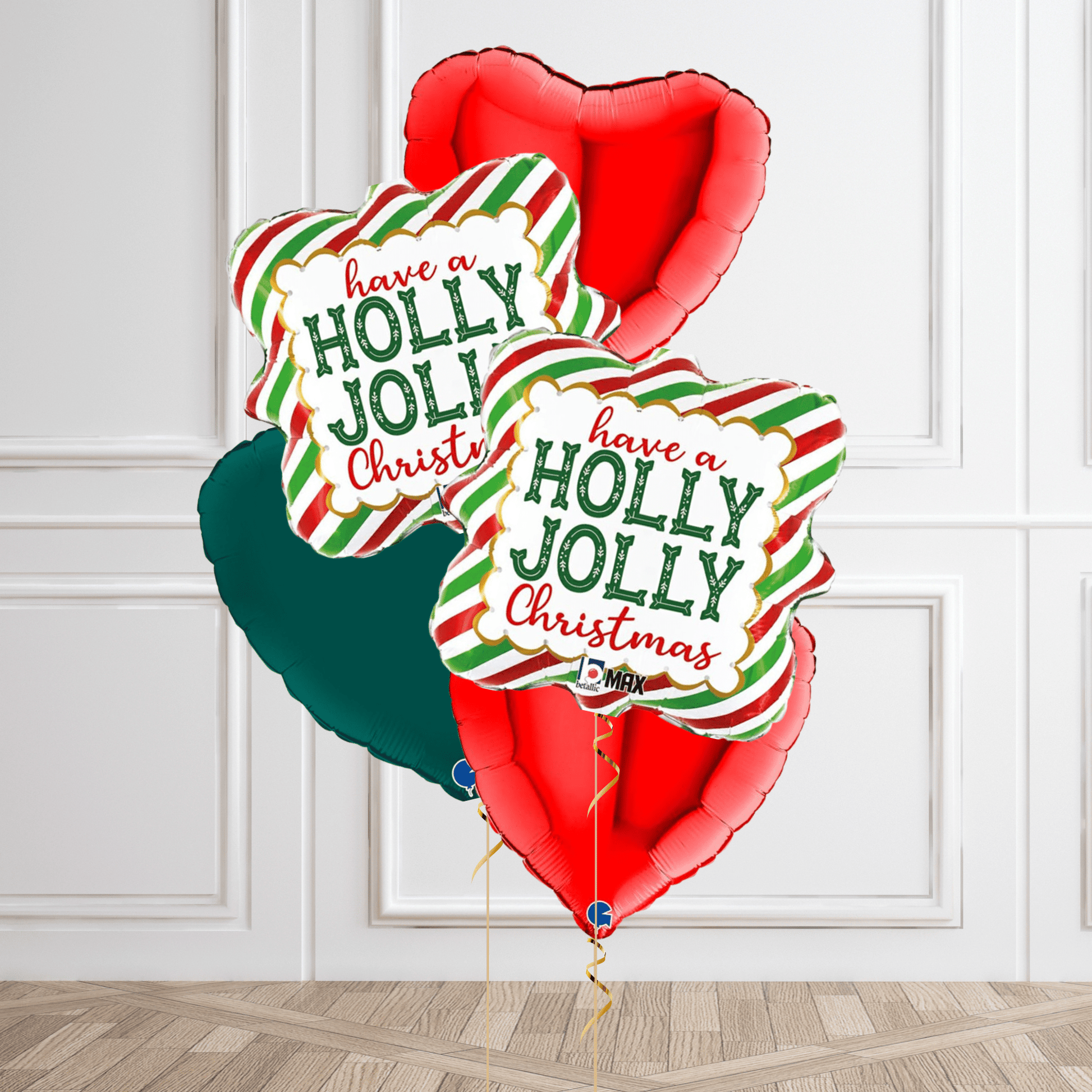 Holly Jolly Christmas Helium Balloon Bouquet – Festive Red, Green & Gold