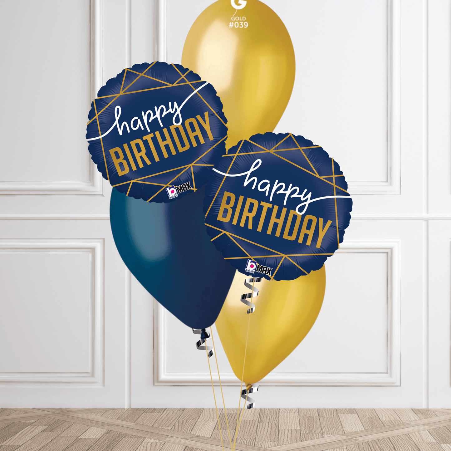 Luxurious Blue & Gold "Happy Birthday" Balloon Bouquet – Elegant Party Decoration | The Party Hut