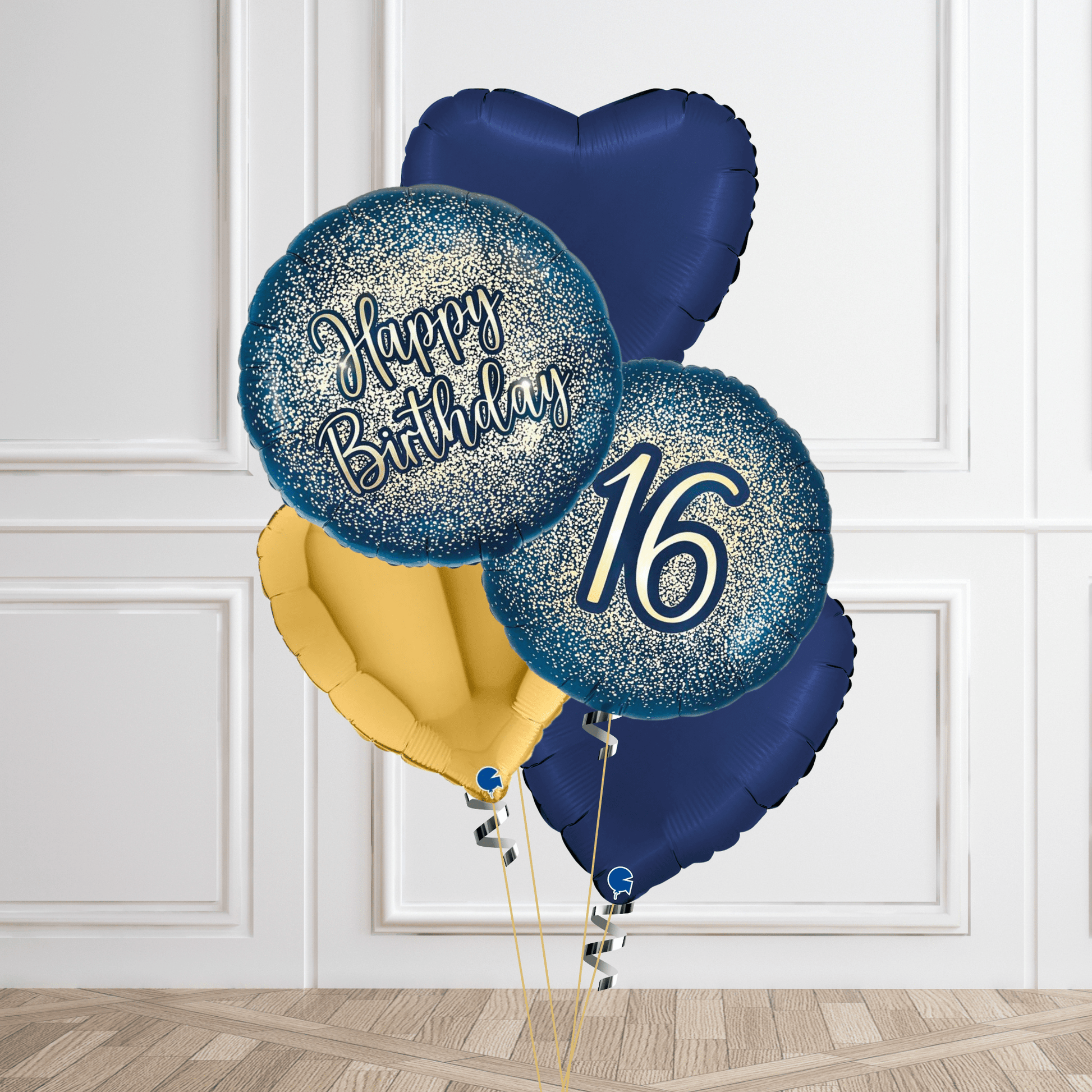 Luxury Navy and Gold 16th Birthday Balloon Bouquet – Glitter Design