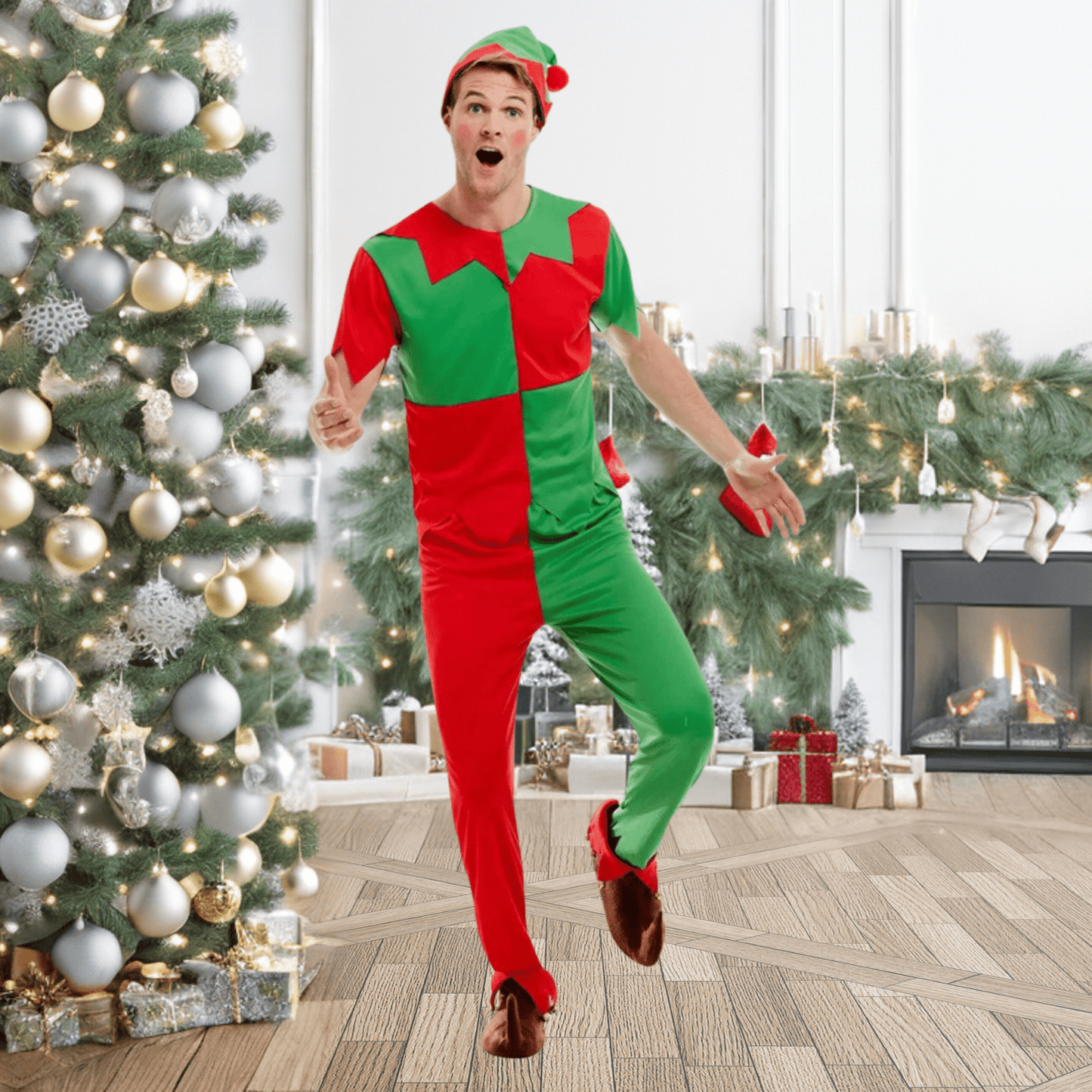 Men’s Green & Red Elf Costume – Classic Christmas Outfit with Top, Trousers & Hat | The Party Hut