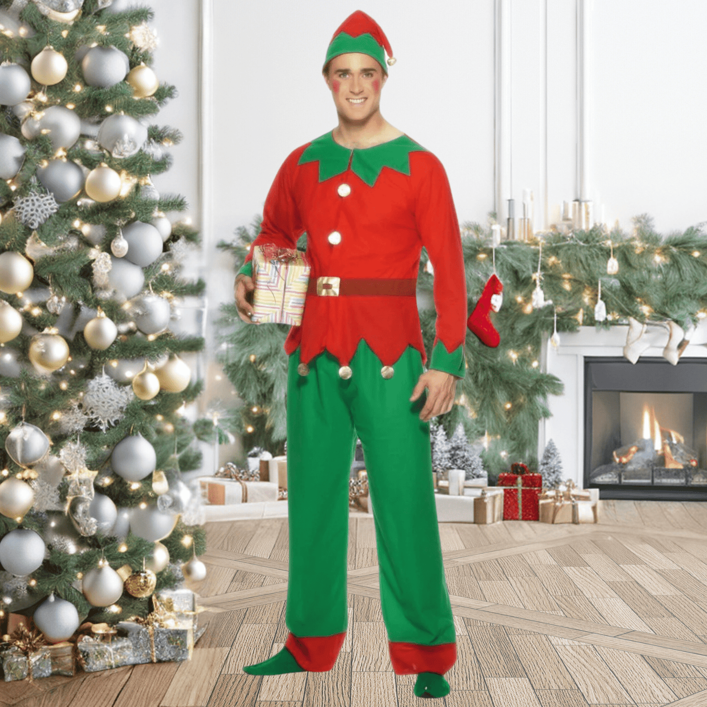 Men's Red & Green Elf Costume – Complete Christmas Outfit with Top, Trousers & Hat | The Party Hut