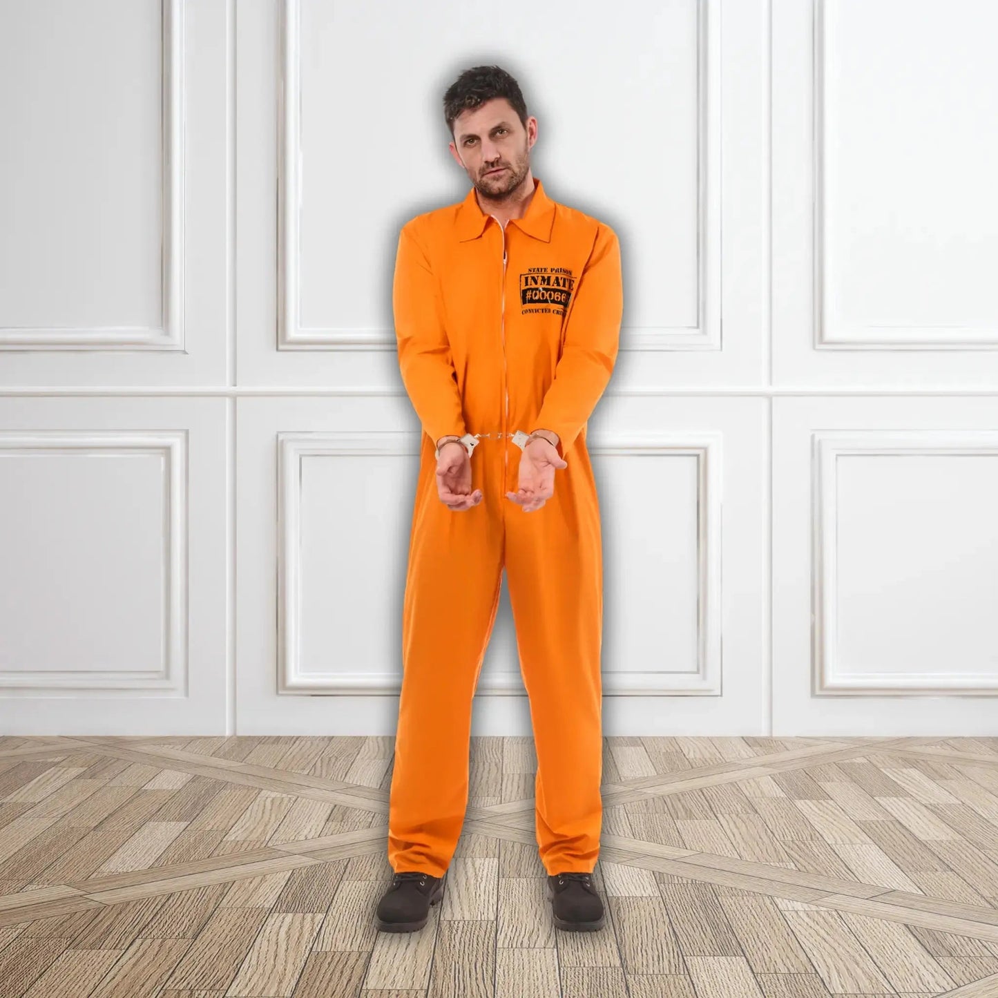 Orange Convict - Prisoner Boiler Suit with Handcuffs | The Party Hut