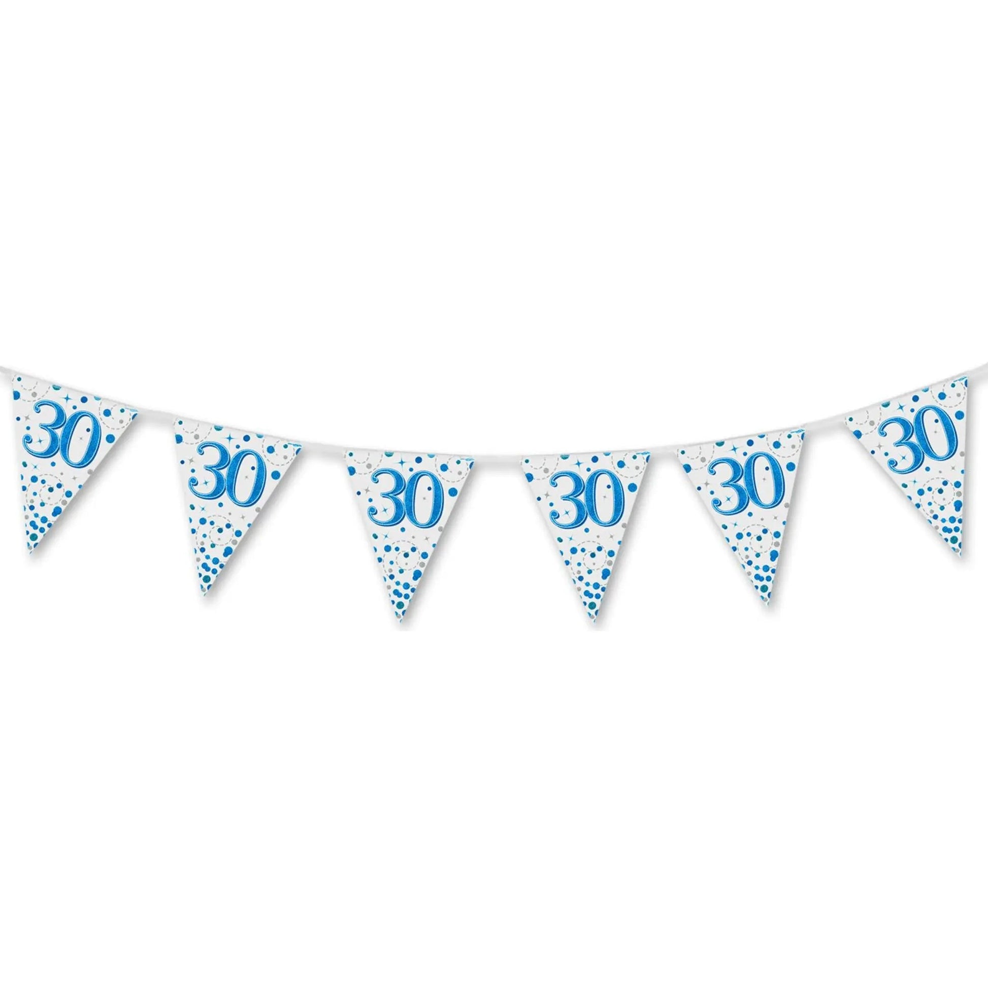 Party Bunting 30th Sparkling Fizz Birthday Blue Holographic 11 flags 3.9m